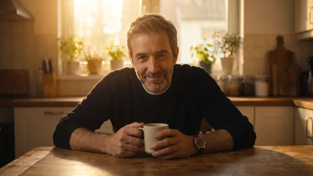 Daniel, the film's host, leaning in at his kitchen table in morning light