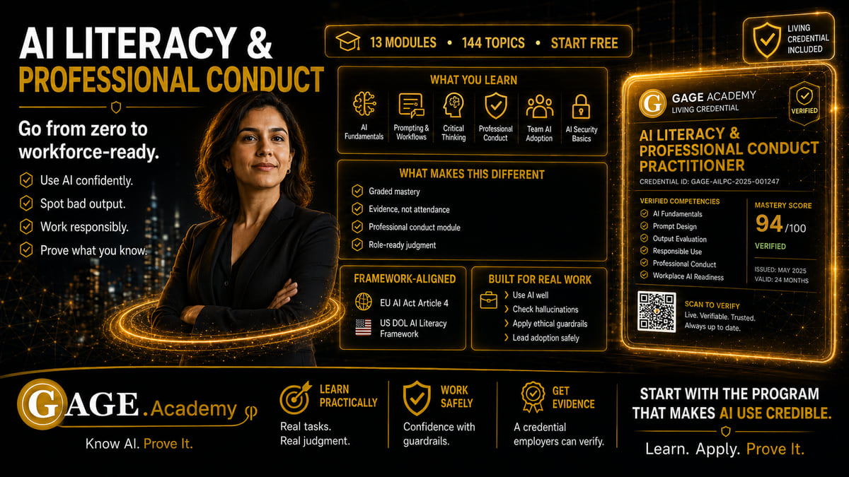 Certified AI Practitioner: Workplace Foundations: From zero to workforce-ready across 14 modules and 144 topics. Designed to support the training and evidence components of an organization's EU AI Act Article 4 program and the US DOL AI Literacy Framework, with verifiable evidence.